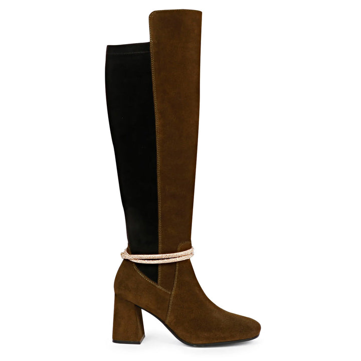 Saint Lumina Golden Cord String Olive Leather Knee High Boots