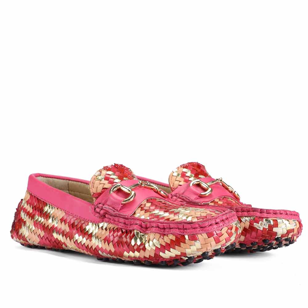 Saint Amara Hand Woven Metallic Pink Leather Loafers