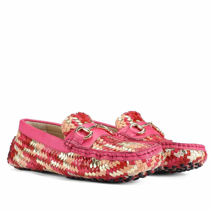 Saint Amara Hand Woven Metallic Pink Leather Loafers