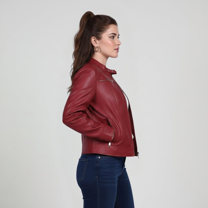 Saint Edwina Burgundy Leather Women Cafe Racer Jackets