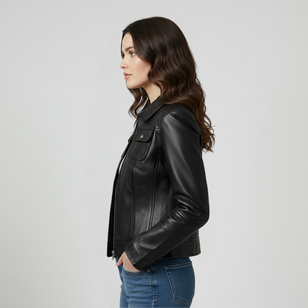 Saint Claiborne Women black Leather Spread Collar Jackets