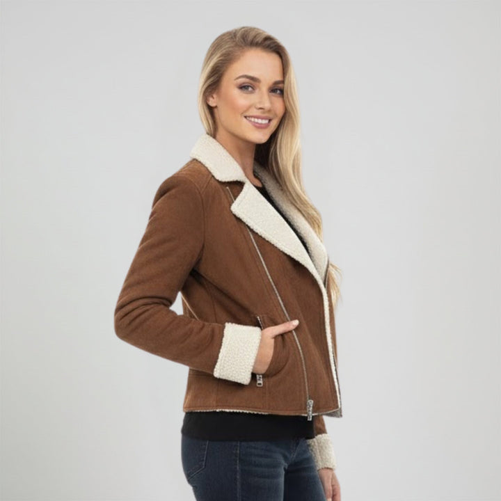 Saint Arlene Women Tan/Beige Leather Cafe Racer Jacket