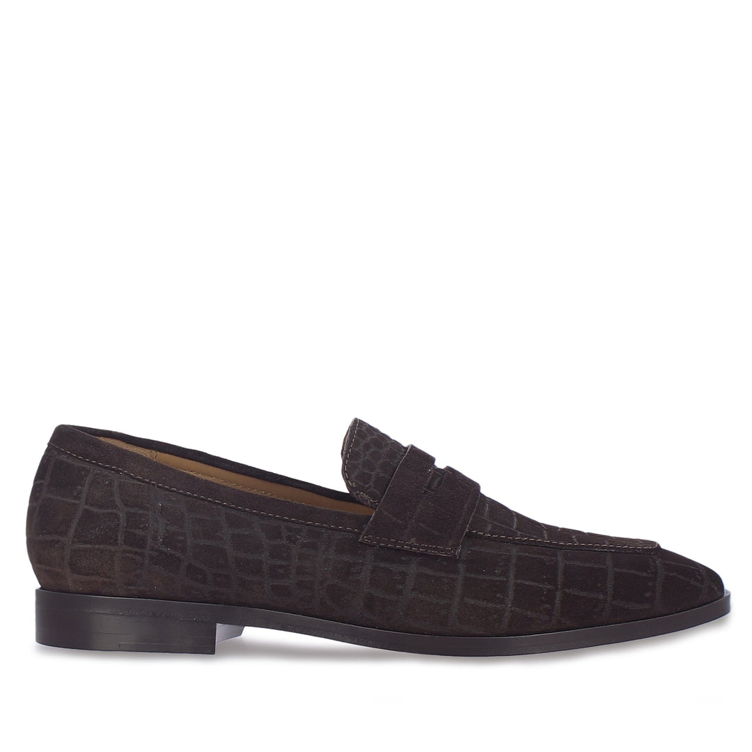 Brown Suede Croco Print Leather Loafers for mens