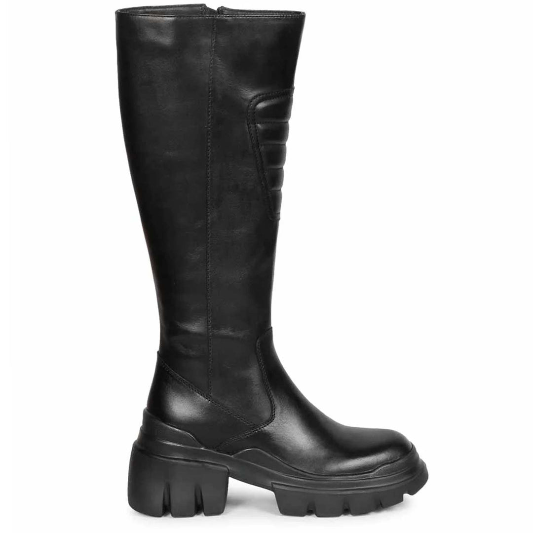 Saint Eloise black leather lug sole knee high boots for women, side view of quilted panel detail