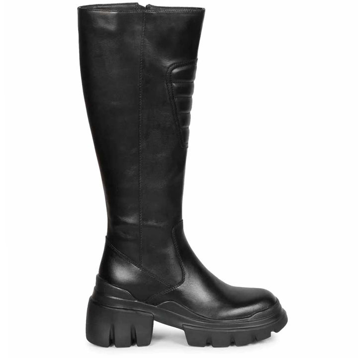Saint Eloise black leather lug sole knee high boots for women, side view of quilted panel detail