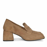 Saint Viviana Dark Taupe Suede Leather Block Heel Moccasins