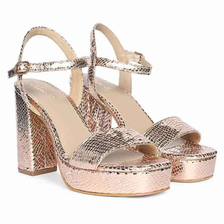 Saint Merrily Gold Snake Embossed Block Heels