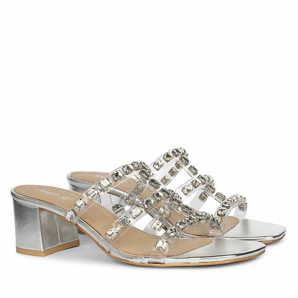 Saint Norma Stone Embellished Silver Block Heels