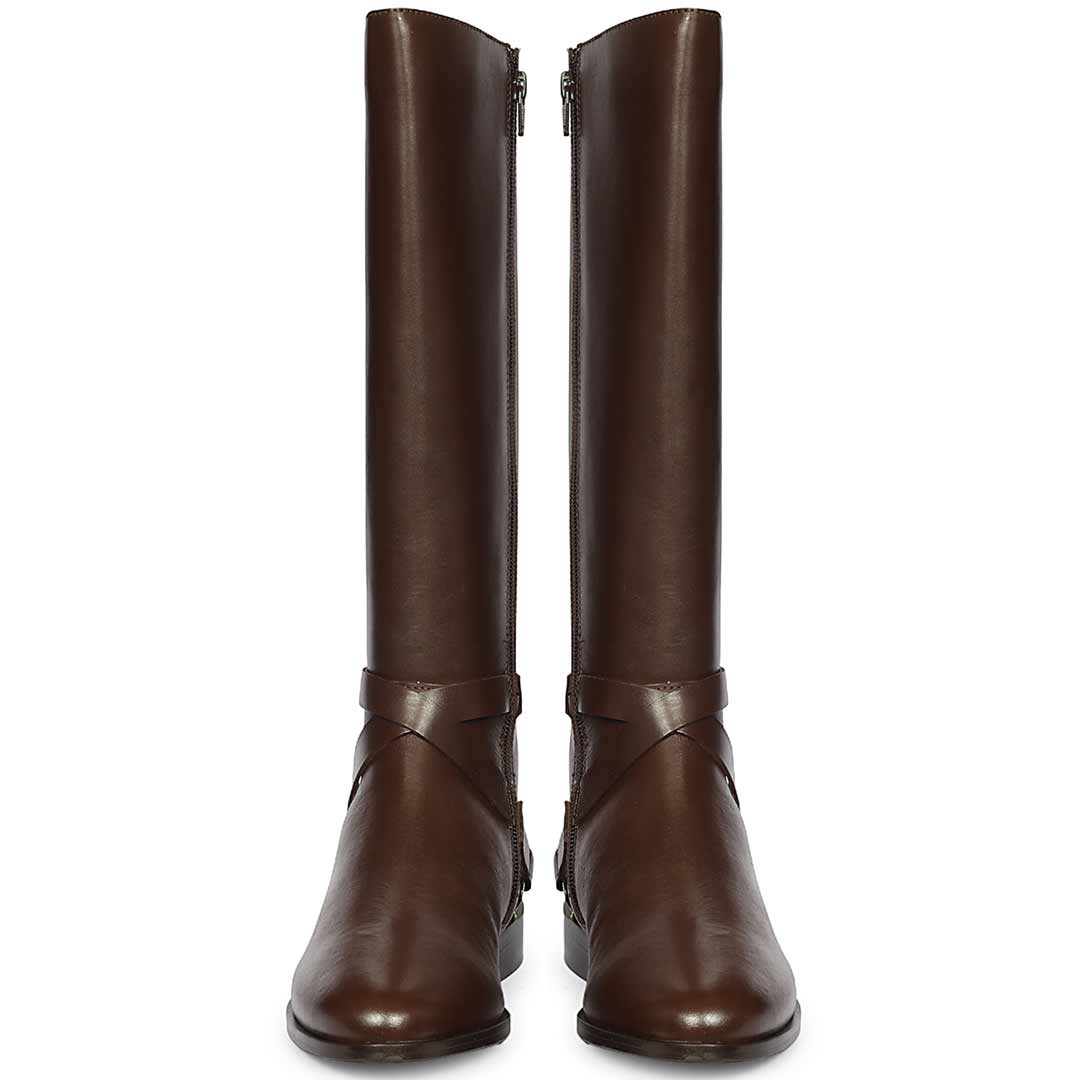Saint Damaris Brown Leather Buckle Decor Knee High Boots