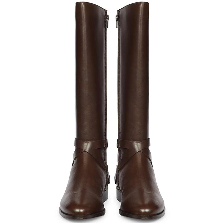 Saint Damaris Brown Leather Buckle Decor Knee High Boots