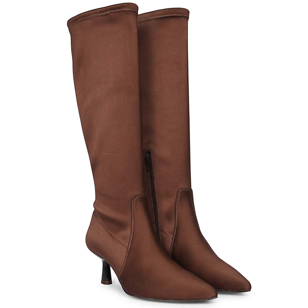 Saint Mae Brown Stretch Satin Kitten Heel Long Boots