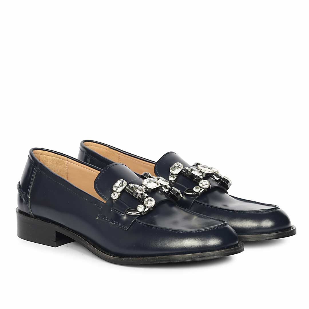 Saint Livia Crystal Horsebit Navy Abrasivato Leather Moccasins
