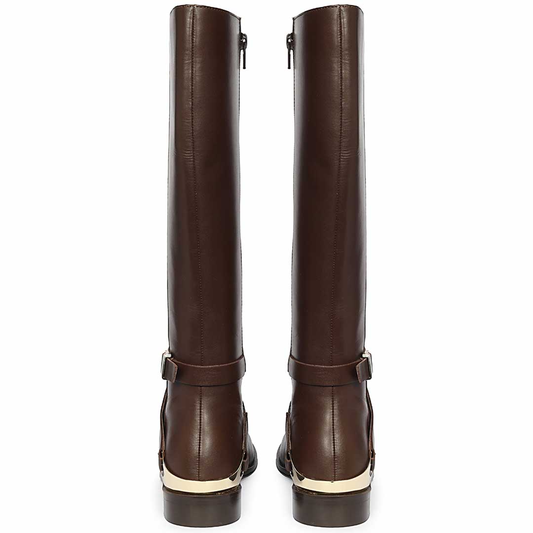 Saint Damaris Brown Leather Buckle Decor Knee High Boots