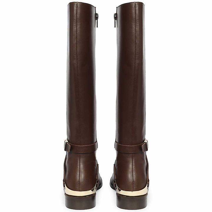 Saint Damaris Brown Leather Buckle Decor Knee High Boots