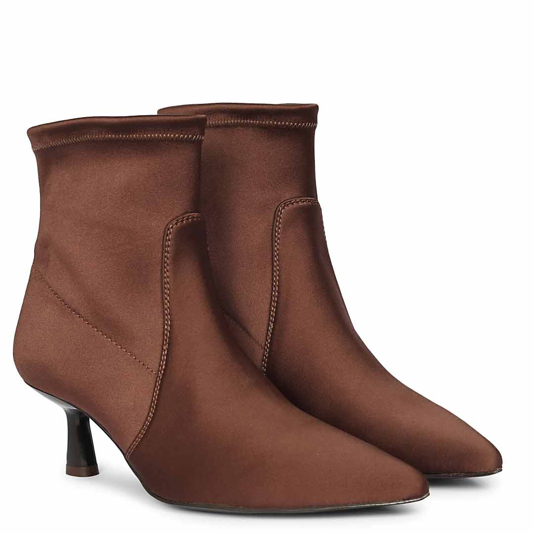 Saint Mae Brown Stretch Satin Kitten Heel Ankle Boots