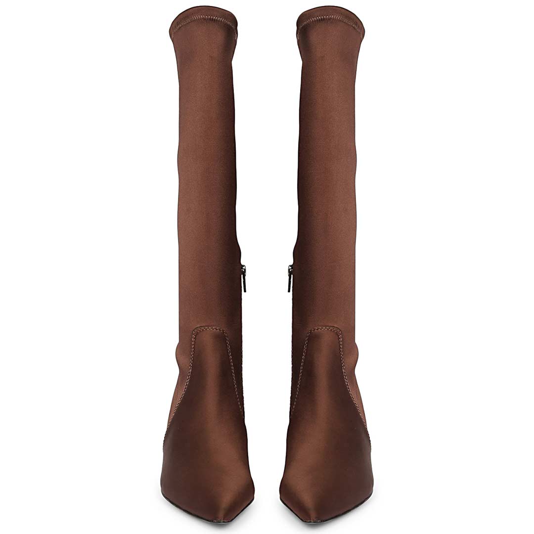 Saint Mae Brown Stretch Satin Kitten Heel Long Boots