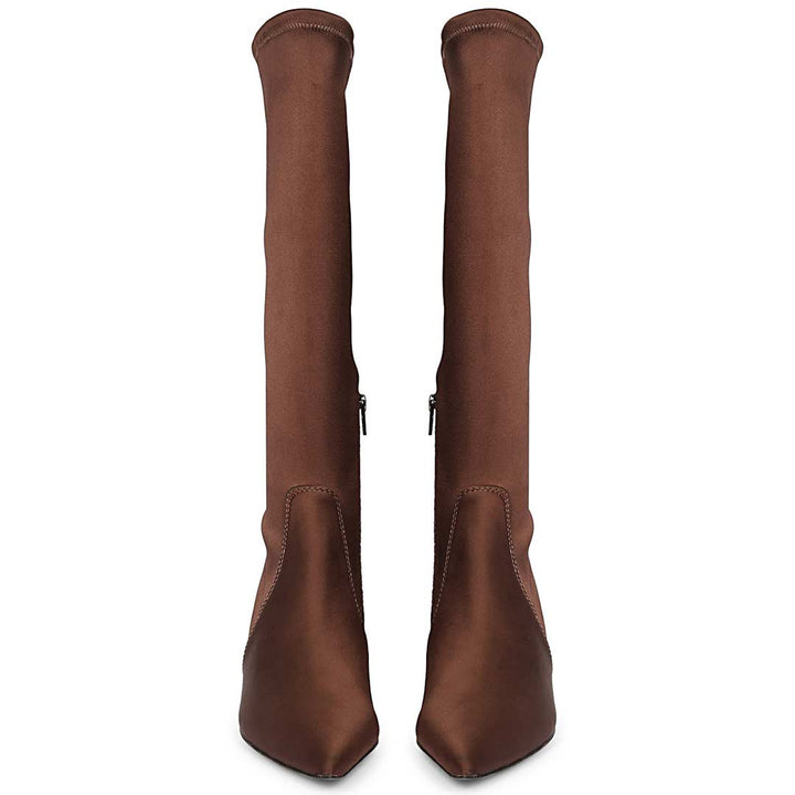 Saint Mae Brown Stretch Satin Kitten Heel Long Boots