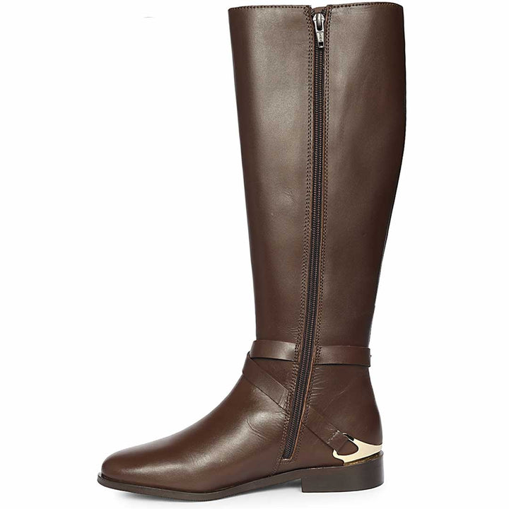 Saint Damaris Brown Leather Buckle Decor Knee High Boots