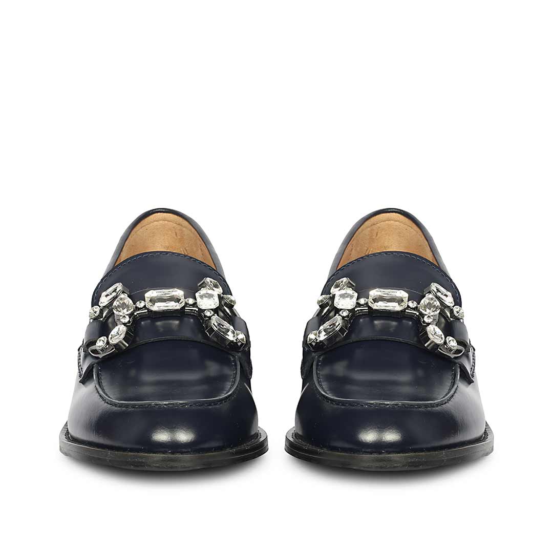 Saint Livia Crystal Horsebit Navy Abrasivato Leather Moccasins