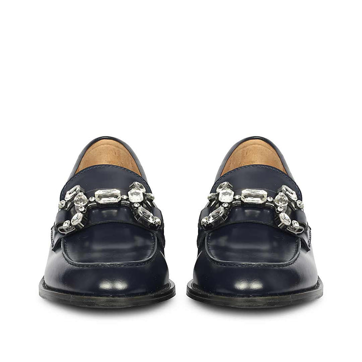 Saint Livia Crystal Horsebit Navy Abrasivato Leather Moccasins