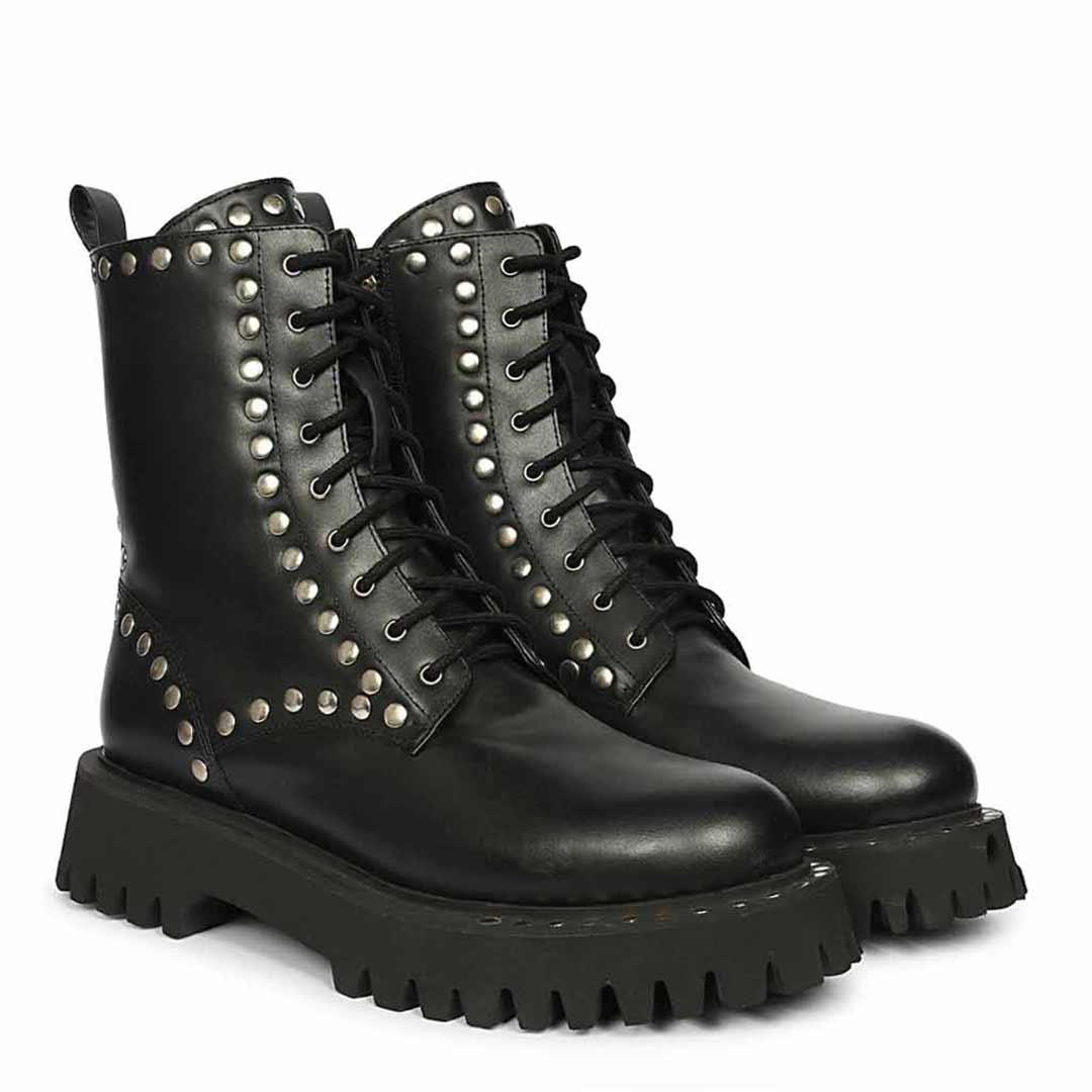 Saint Natalie Metal Studs Lace Up High Ankle Leather Boots