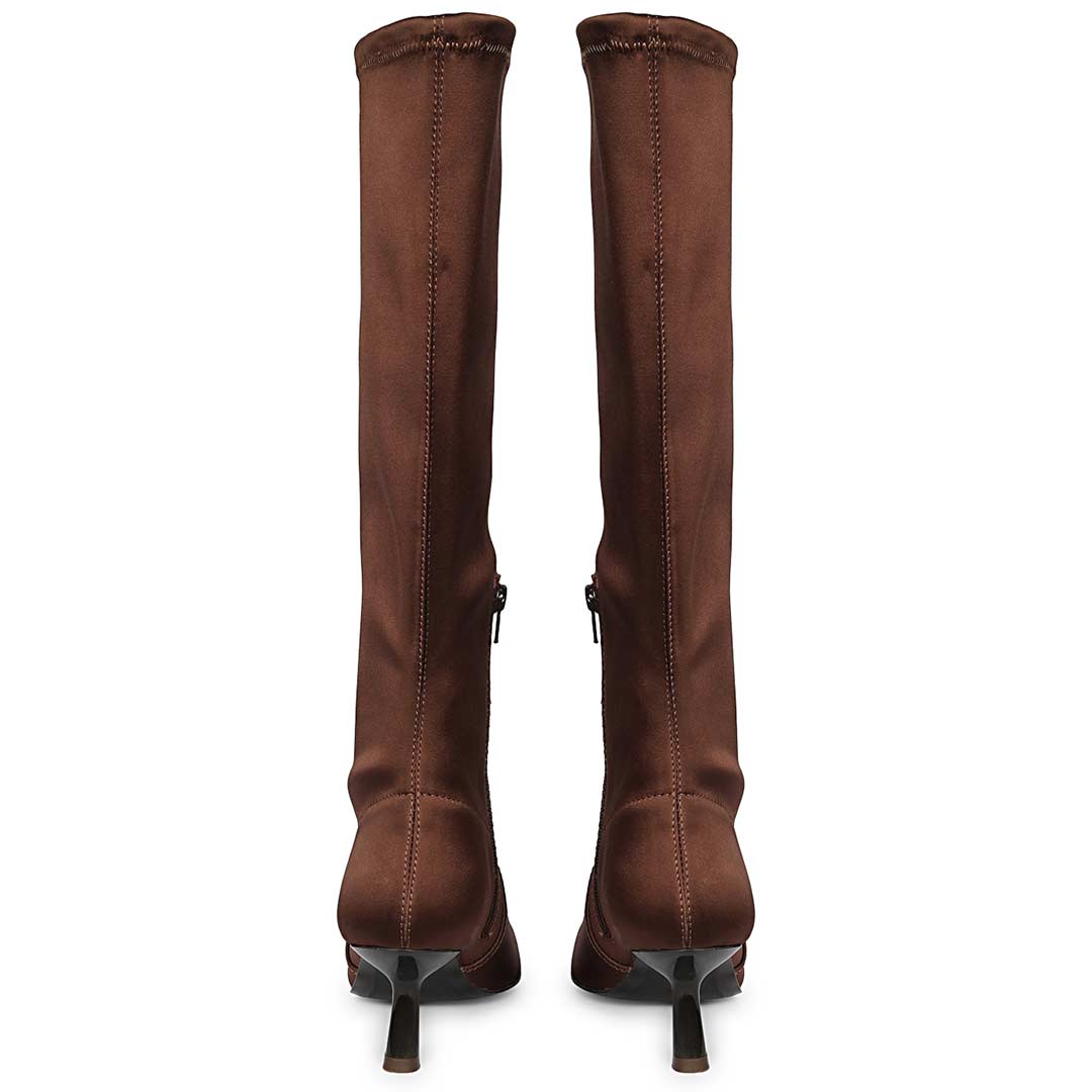 Saint Mae Brown Stretch Satin Kitten Heel Long Boots