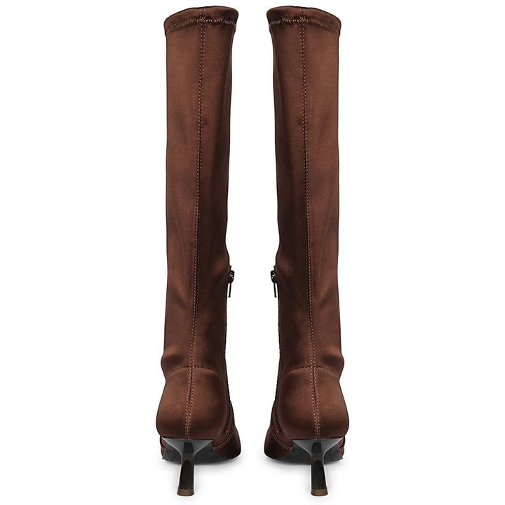 Saint Mae Brown Stretch Satin Kitten Heel Long Boots