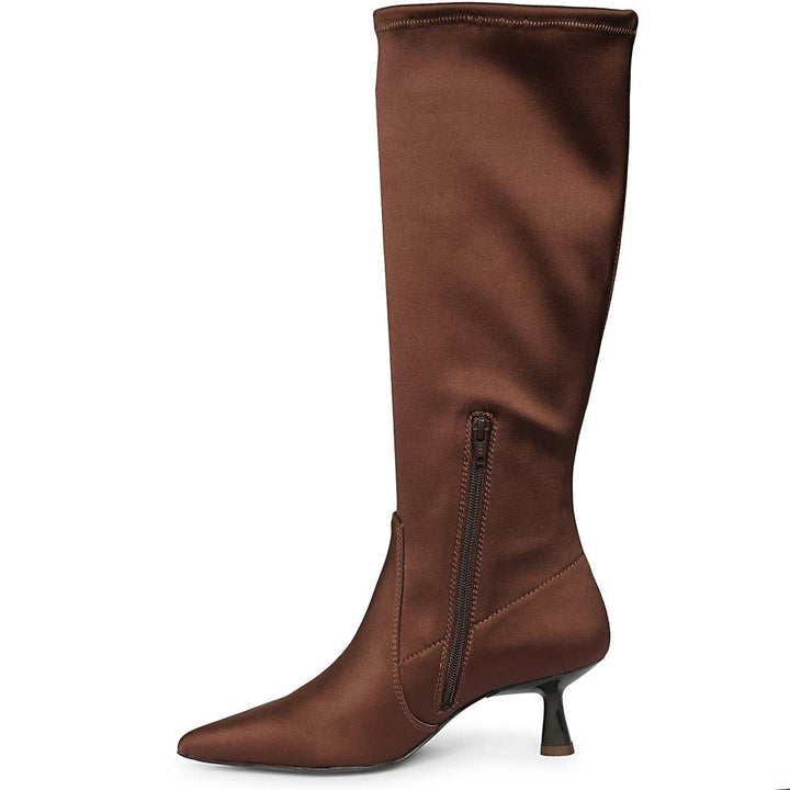Saint Mae Brown Stretch Satin Kitten Heel Long Boots