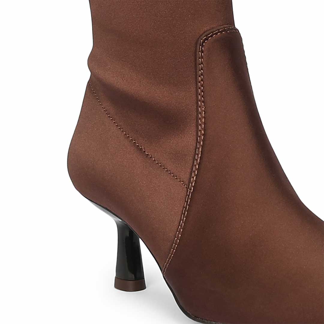 Saint Mae Brown Stretch Satin Kitten Heel Long Boots