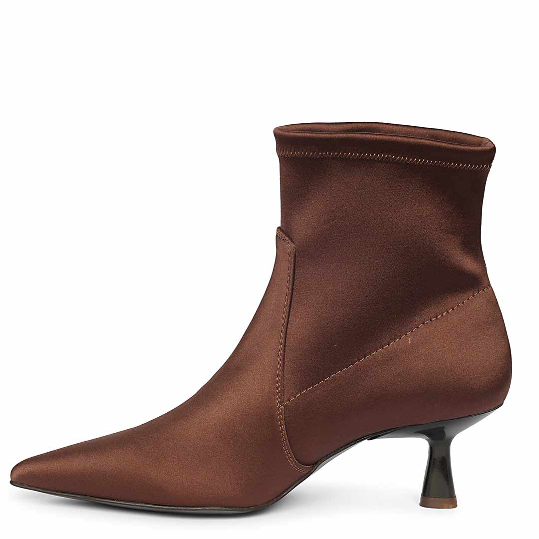 Saint Mae Brown Stretch Satin Kitten Heel Ankle Boots