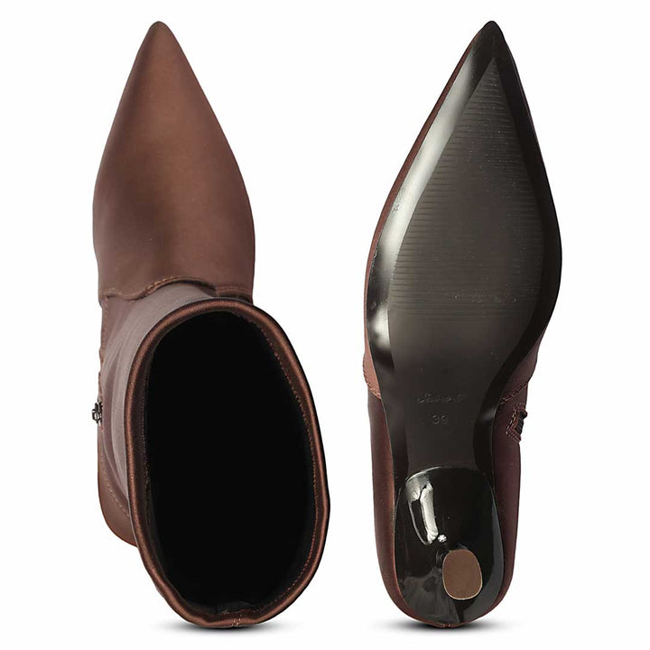 Saint Mae Brown Stretch Satin Kitten Heel Long Boots
