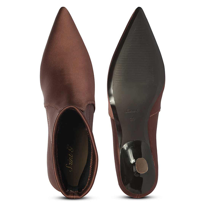 Saint Mae Brown Stretch Satin Kitten Heel Ankle Boots