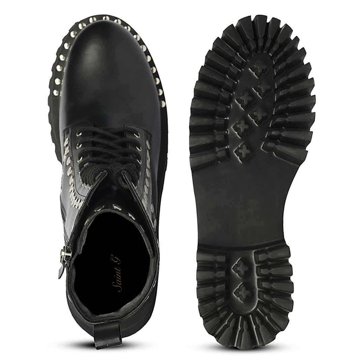 Saint Natalie Metal Studs Lace Up High Ankle Leather Boots