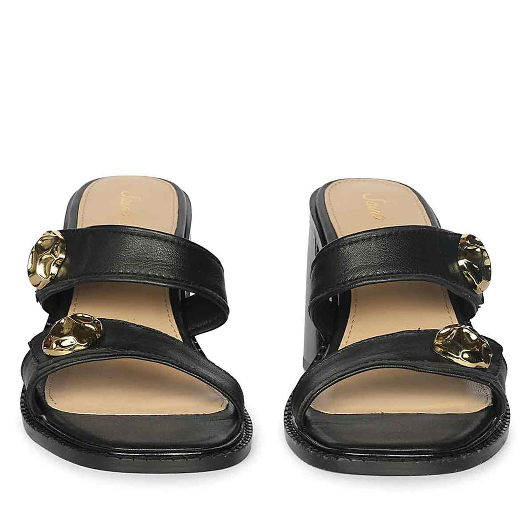 Saint Brisa Gold Emblems Black Leather Heels