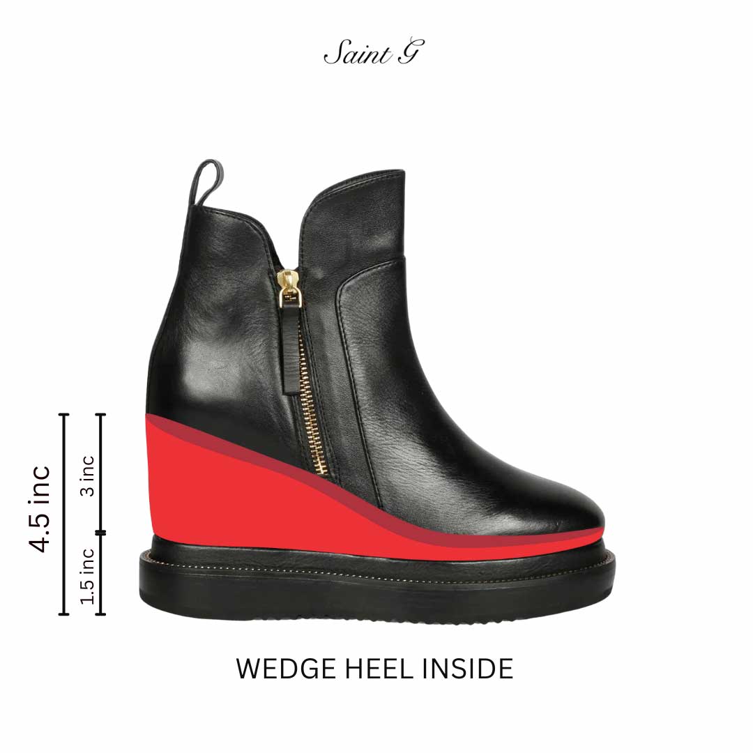 Saint Audrey Chain Décor Black Leather Inside Wedge Heel Long Boots