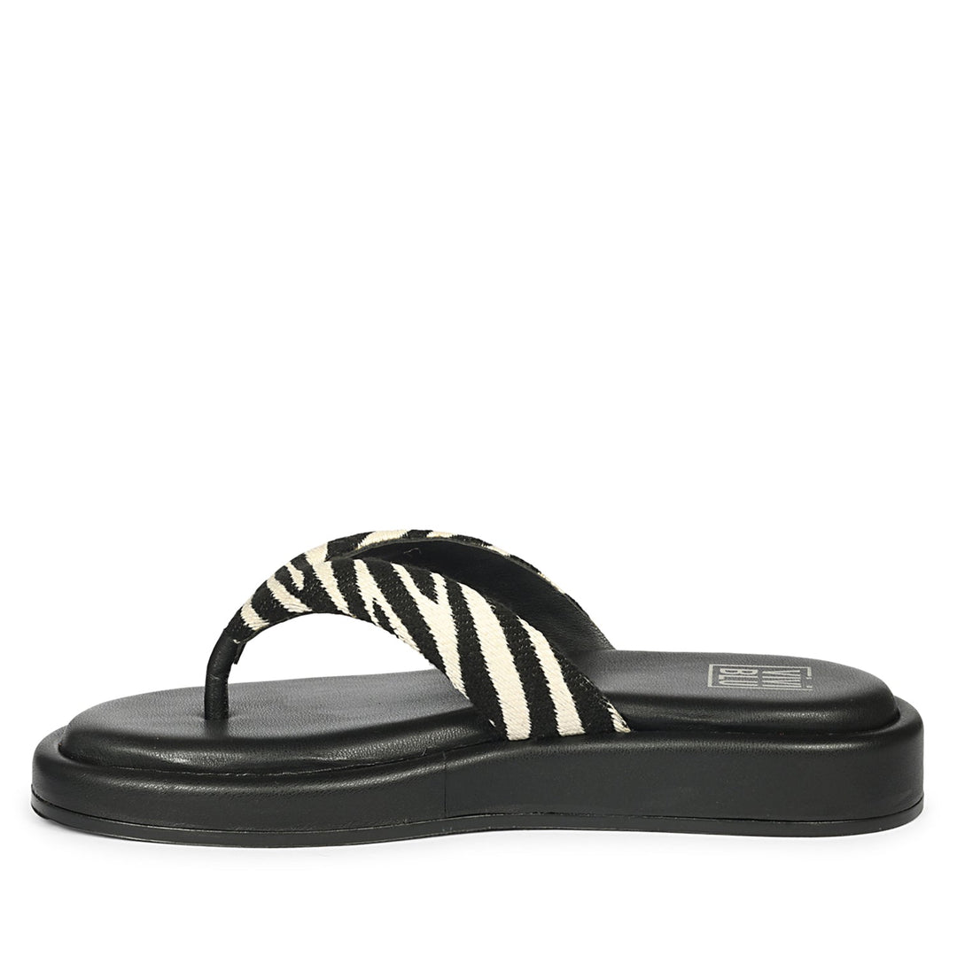 Jolene Black White Leather Flat Sandals