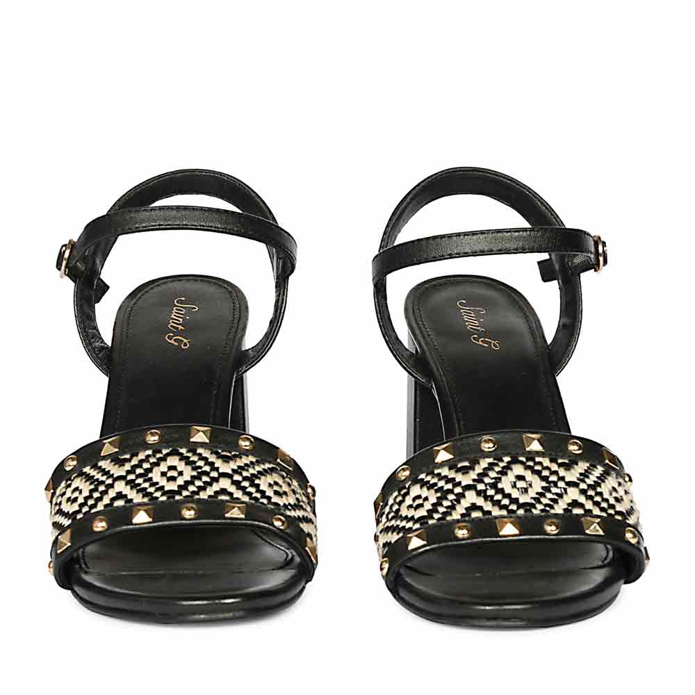 Saint Auric Black Leather Rafia Stud Block Heels
