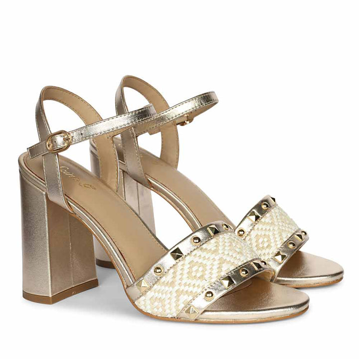 Saint Auric Gold Leather Rafia Stud Block Heels