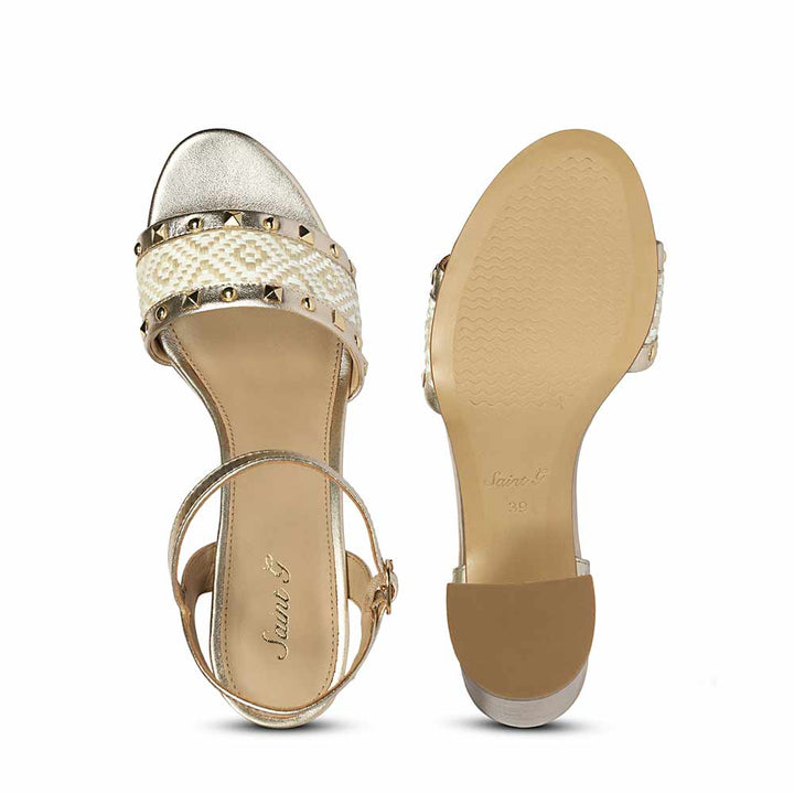 Saint Auric Gold Leather Rafia Stud Block Heels