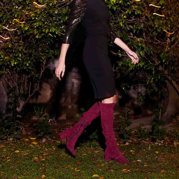 Maroon stretch suede above-the-knee thigh-high boots by Saint Luisa - Elegant and comfortable fashion footwear for a chic look.