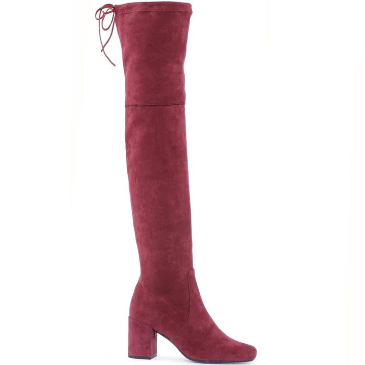 Maroon stretch suede above-the-knee thigh-high boots by Saint Luisa - Elegant and comfortable fashion footwear for a chic look.