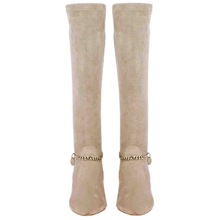 Saint Idalia Taupe Stretch Suede Golden Chain Knee High Long Boots