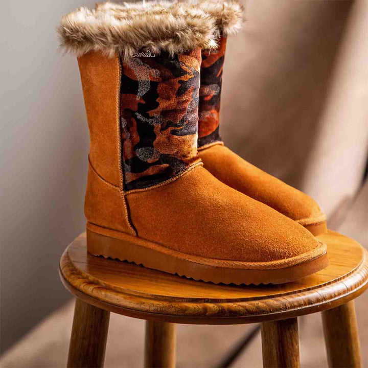 Saint Honora Tan Camo Boots: Stylish Italian fabric-leather snug boots in a unique tan camo design for fashion-forward comfort