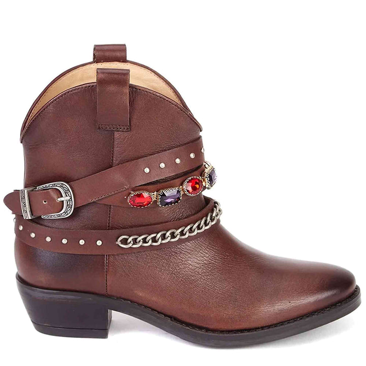Saint Louanne Brown Leather Rhinestone Studded Décor Boots - SaintG India