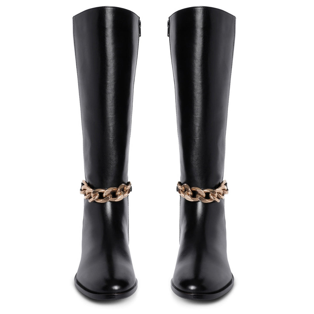 Saint Alina Gold Chain Embellished Black Leather Knee High Boots