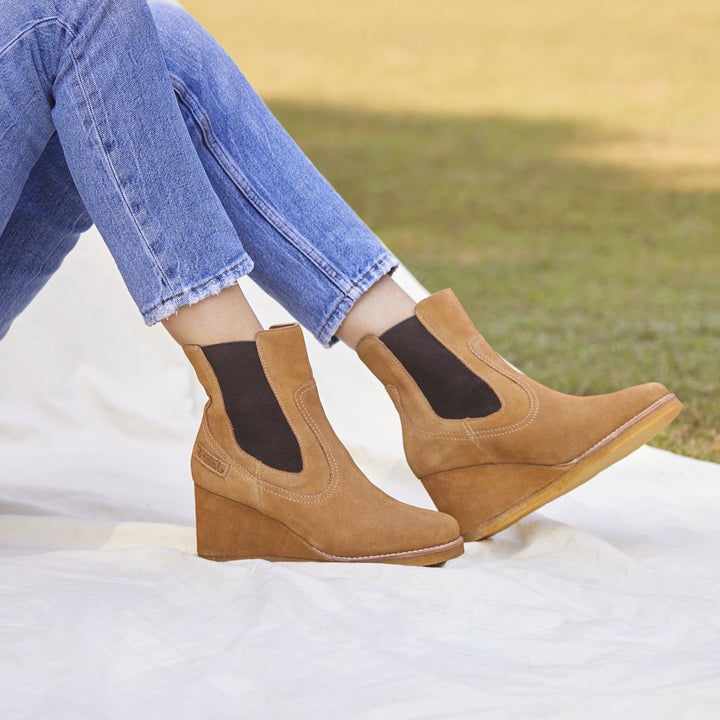 Saint Tesora Tan Suede Leather Mid Heel Wedge Boots