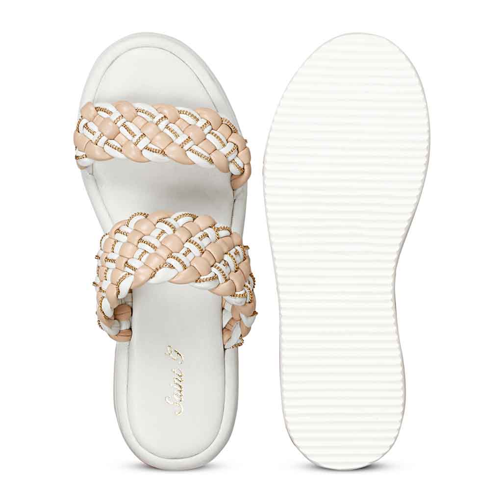 Step into style with Saint Flurina Chain Beige Sandals - Woven leather, platform, and fashionable chain detail.