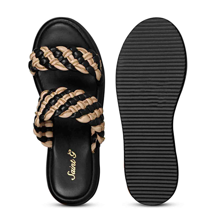 Saint Flurina Chain Embellished Black Woven Leather Platform Sandals