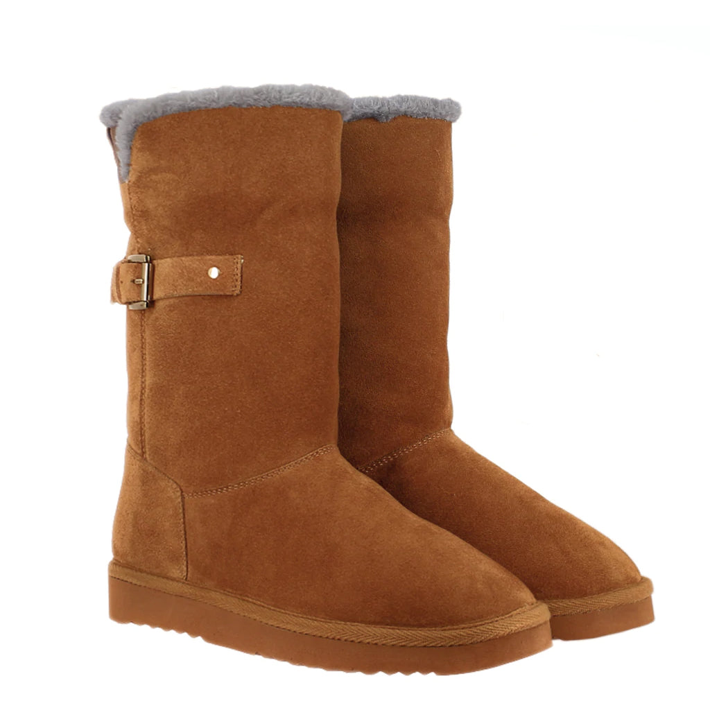 Chic Saint Aurelia Tan Suede Snug Boots with Buckle Detail - Stylish and comfortable leather footwear for a fashionable look