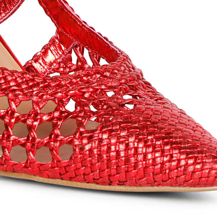 Saint Fabienne Red Metallic Hand Woven Leather Block Heels